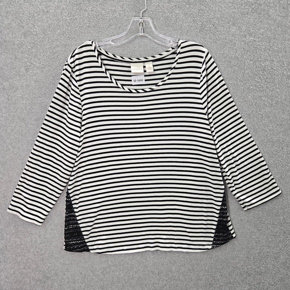 Chicos Women Top 2 White Striped Black Lace Detail Shirt Scoop Neck - Picture 1 of 9